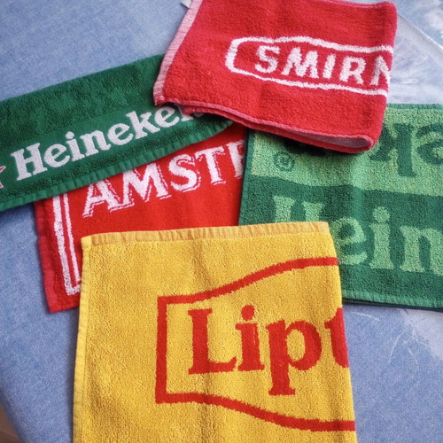 Bar Towels Set of 5 like new with Heineken, Amstel, Smirnoff, Lipton