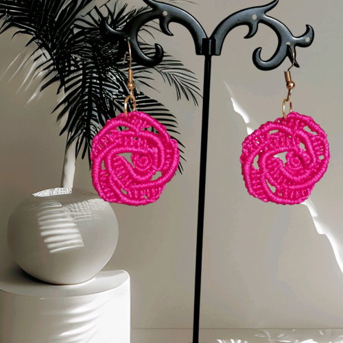 Handmade Boho Rose Micro Macrame Earrings made to order pink gold