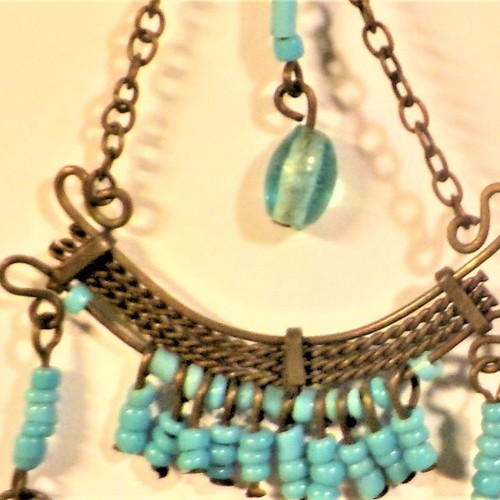 Long earrings with blue and brown beads, 12cm length