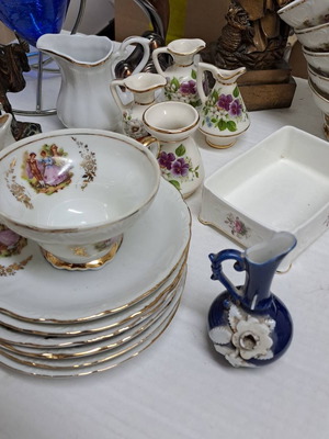 Vintage tableware, plates, tea sets, decorative items, brass dolphin lighter, full set