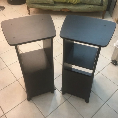 Rolling side tables like new, black melamine shelves, set of 2