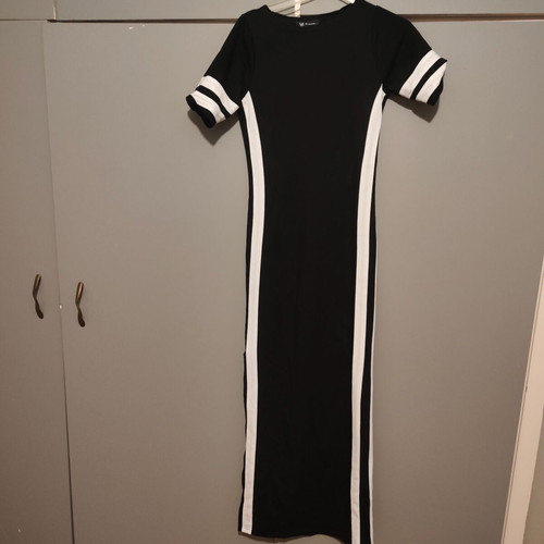 Long fitted dress black with white stripes new