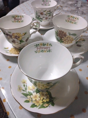 Royal Kent tea cups used, porcelain with floral month design