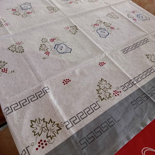 Square grey tablecloth with Greek motifs like new, 134.5 x 133.5 cm