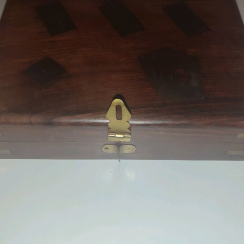 Wooden case with playing cards, dice and dominoes like new