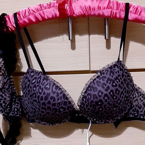 Zara/Ousho lingerie set 80B bra M/L thong, new, animal prints purple and black