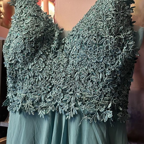 Long formal dress petrol with lace, new