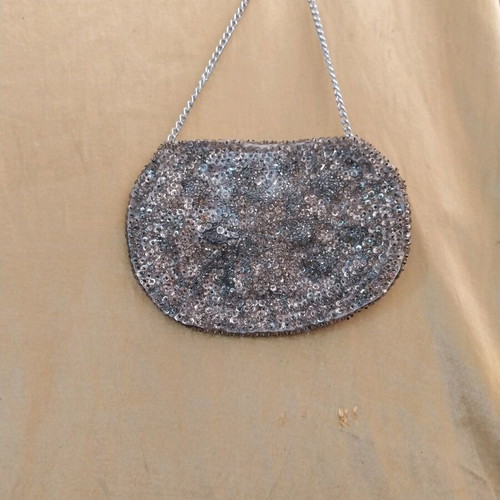 Women’s evening bag silver hand-held like new with beads and sequins
