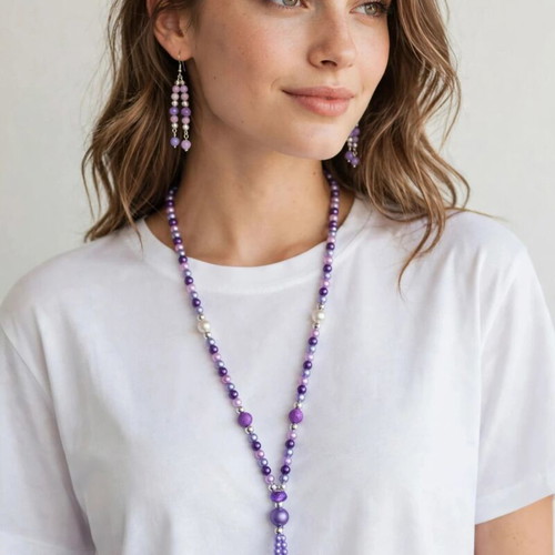 Handmade purple,pink beaded Long necklace and earrings set