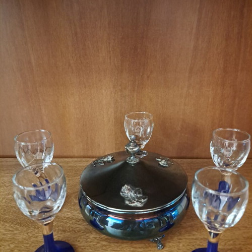 Crystal fondue set with 4 liqueur glasses new, blue with gold