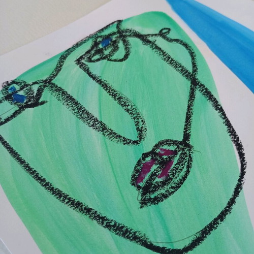 One line faces acrylic and oil pastel on A4 watercolor paper like new