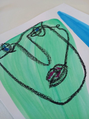 One line faces acrylic and oil pastel on A4 watercolor paper like new