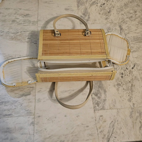 Soft wooden handbag with fabric beige like new