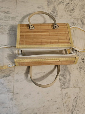 Soft wooden handbag with fabric beige like new