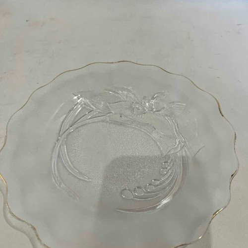 Vintage set of 5 glass plates matte with embossed designs and gold detail Indonesia 19cm used