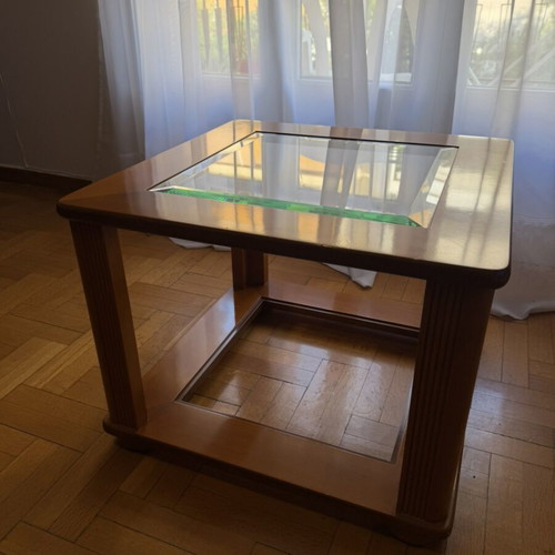 Coffee table set used, wooden with glass surfaces