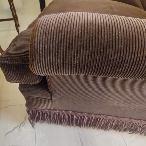 Handmade sofa used with brown velvet upholstery and walnut legs