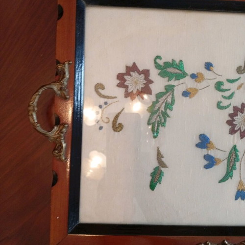 Embroidered tray used with wooden frame and copper handles