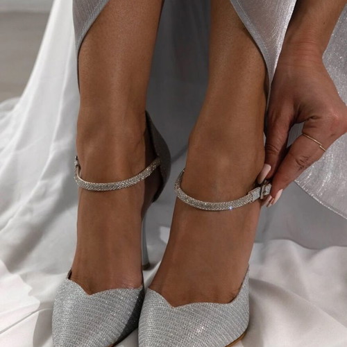 Silver high heels with ankle strap, size 41