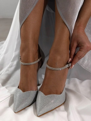 Silver high heels with ankle strap, size 41