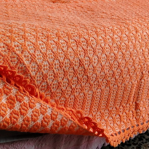 Handwoven caramel blanket with lace, like new