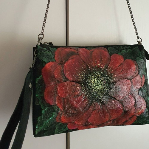 Crossbody bag made of genuine leather with hand-painted flower new