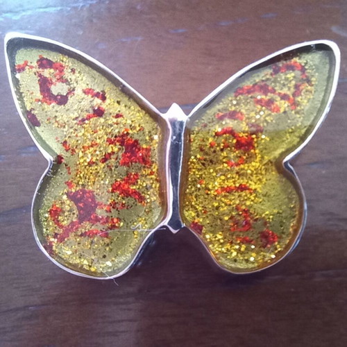 Butterfly brooch like new, 925 silver with red and gold glitter