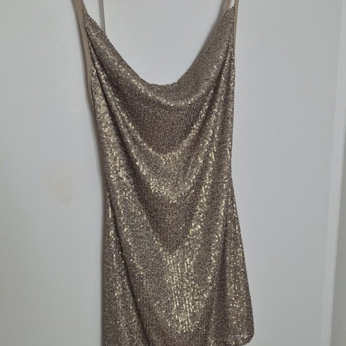 Moutaki mini dress like new, beige and gold sequins, draped bust