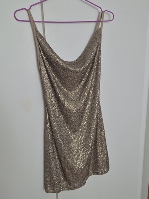 Moutaki mini dress like new, beige and gold sequins, draped bust