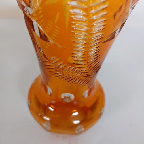 Bohemia vase used 22 cm orange crystal with tayé engraving