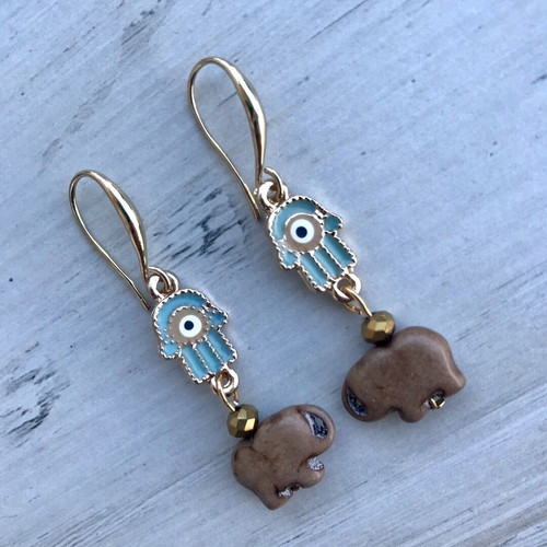 Earrings New With Brown Elephant Chaoite And Fatima Hand