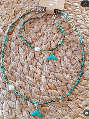 Bracelet and Necklace Set with Glass Beads new, green