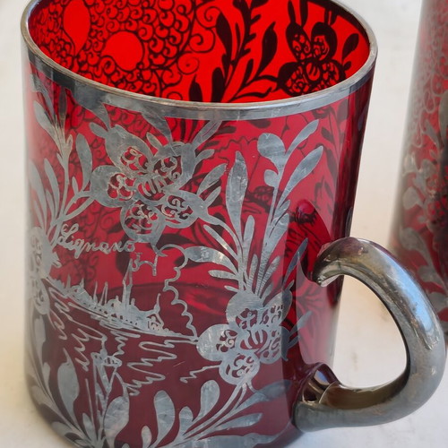 Red glass cups with hunting motif and carved scenes, silver, set of 3 used