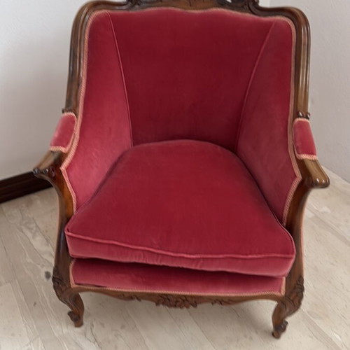 Three-seater sofa and two armchairs, carved walnut wood, velvet fabric