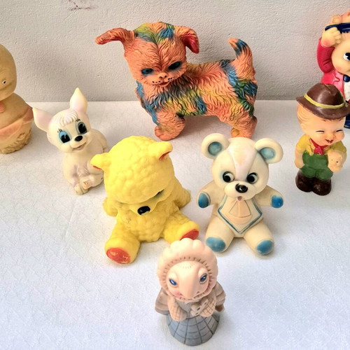 Vintage squeaky toys set of 8, used plastic and rubber figures