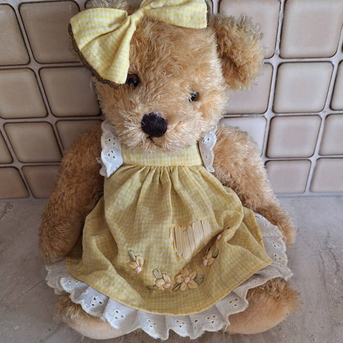 Vintage teddy bear new with yellow checkered dress and lace details