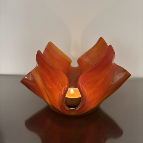 Handmade glass candlestick in red, orange and yellow shades