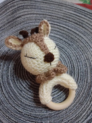 Deer rattle new, handmade knitted with wooden ring