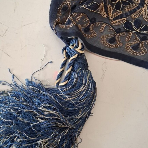 Blue embroidered decorative square used with gold thread