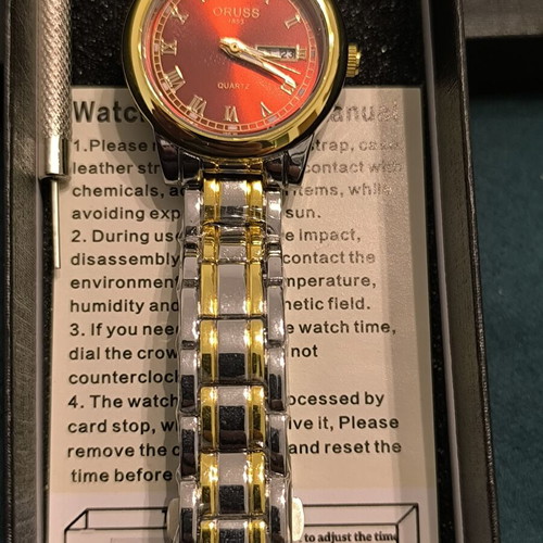 Oruss 1853 Quartz women's watch new with red dial and two-tone bracelet