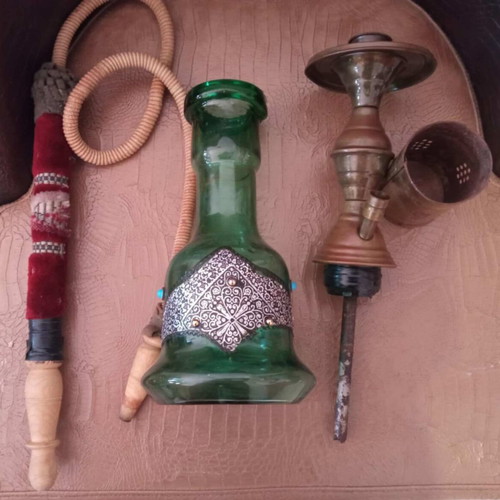 Hookah old used with green glass base and silver-plated design