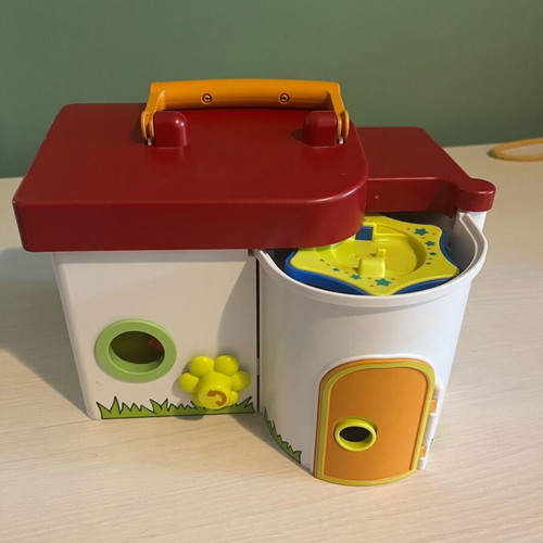 Playmobil set with three figures, slide, swing, and desk chair used