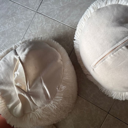 Set of 2 white fur pouf stools used