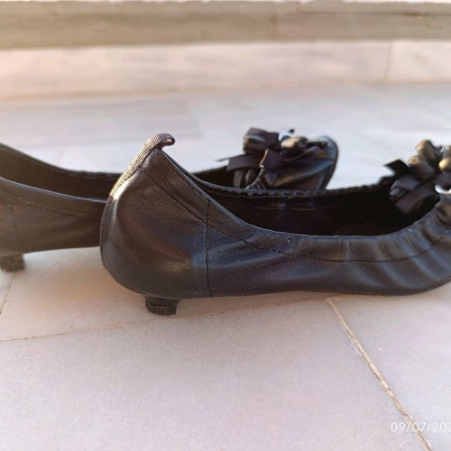 Black Genuine Leather Peep-Toe Ballet Flats - Size 39