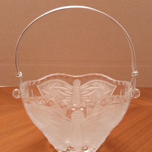 Vintage crystal bowl basket with embossed butterflies and metal handle