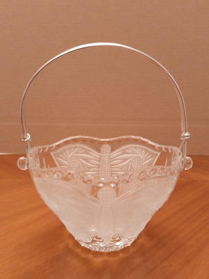 Vintage crystal bowl basket with embossed butterflies and metal handle