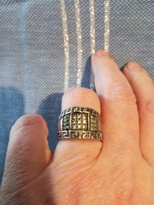 925 Silver Ring with Markasites and Engraved Meander Like New