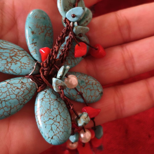 Handmade necklace with turquoise, coral and river pearls like new