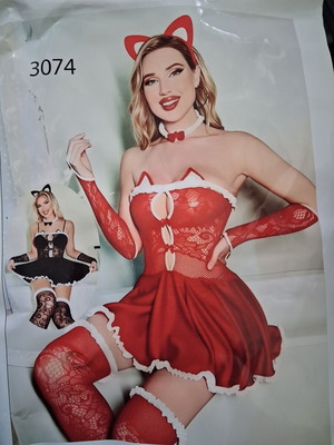 Σέξι στολή εσωρούχων γατούλα με δαντελένιο babydoll, γάντια και κάλτσες σε κόκκινο