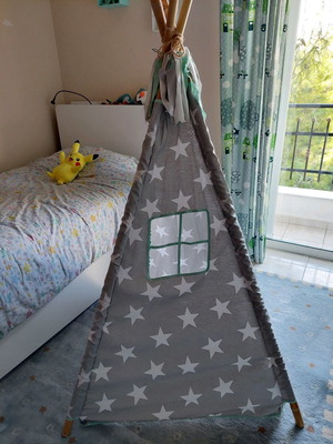Children's teepee tent new, handmade gray-mint with stars